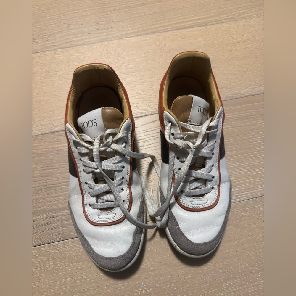 TOD'S White Leather & Gray Suede Sneakers with Orange Trim